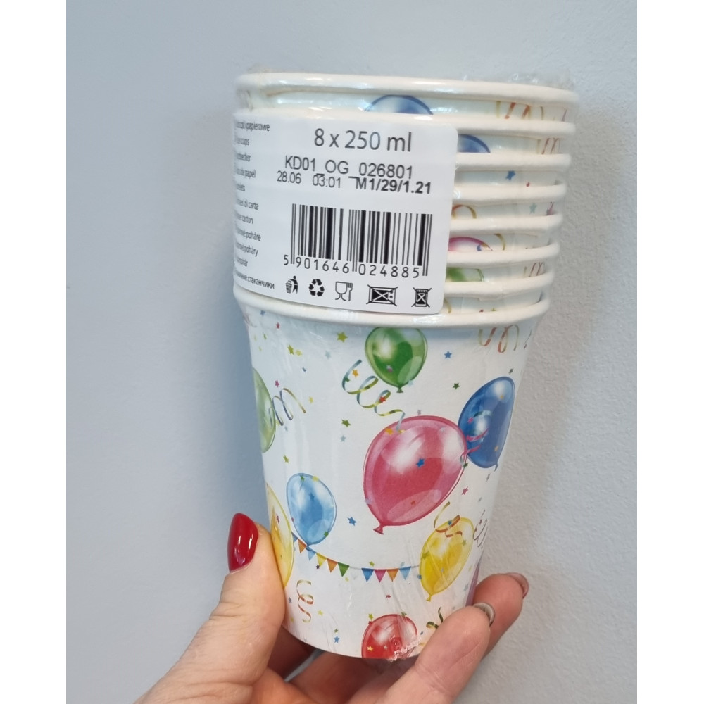 Kubki kubek papierowy balony kolorowe 8 szt 250ml