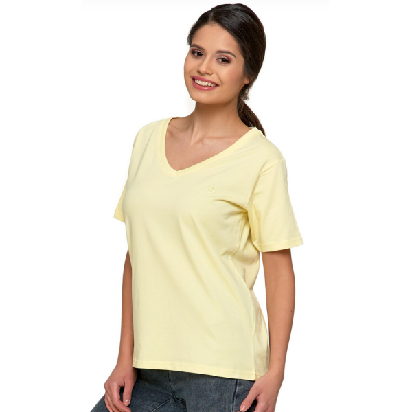 Moraj Żółta koszulka damska T-shirt z dekoltem V Premium Line BD 1500-104 rozmiar L